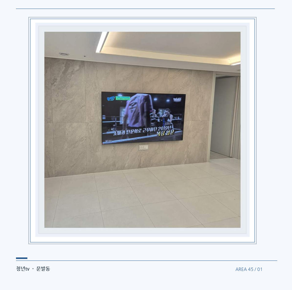 무늬가 있는 벽체 위 화면 배치 · 청년tv 벽걸이TV 공간 참고 사진 45-1