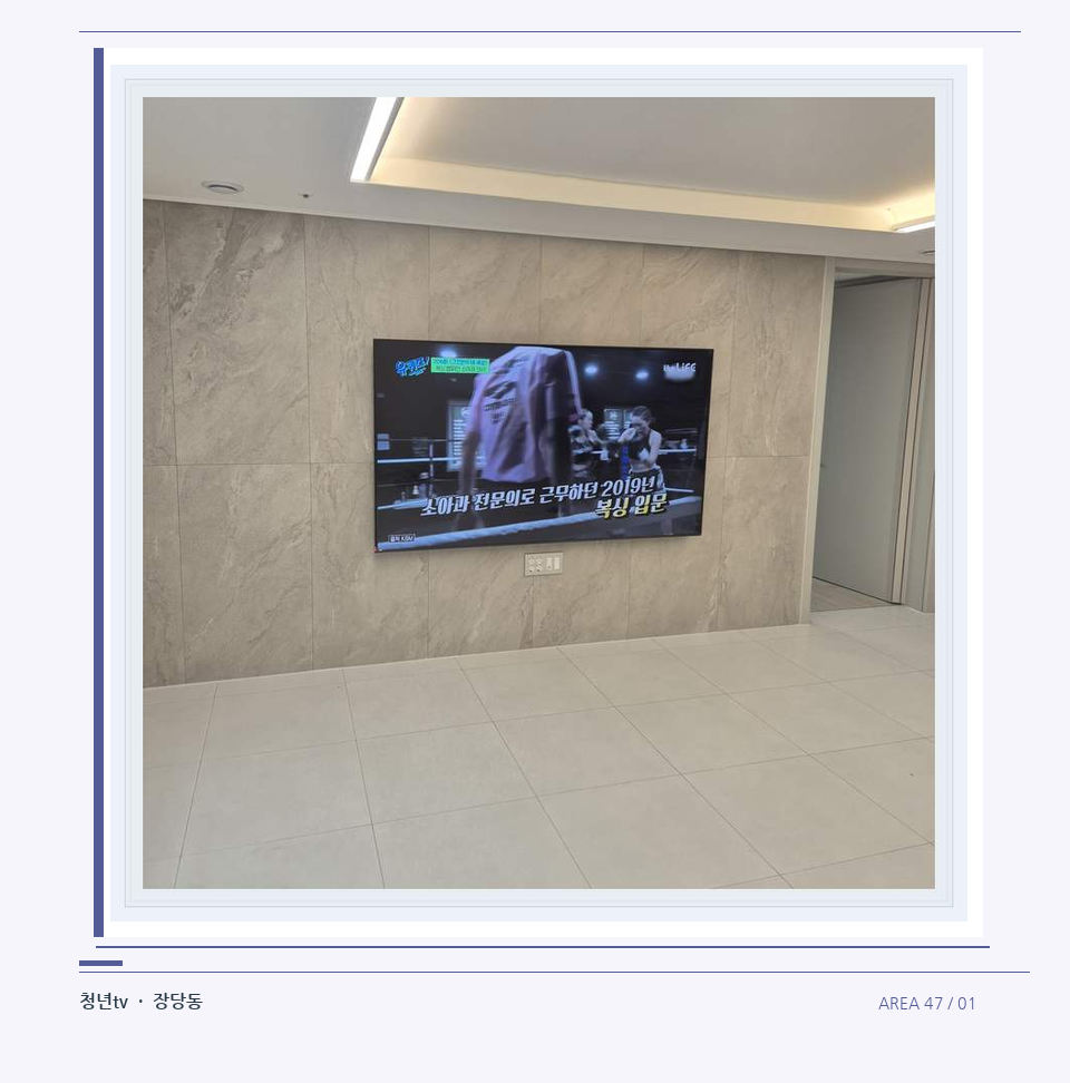 무늬가 있는 벽체 위 화면 배치 · 청년tv 벽걸이TV 공간 참고 사진 47-1