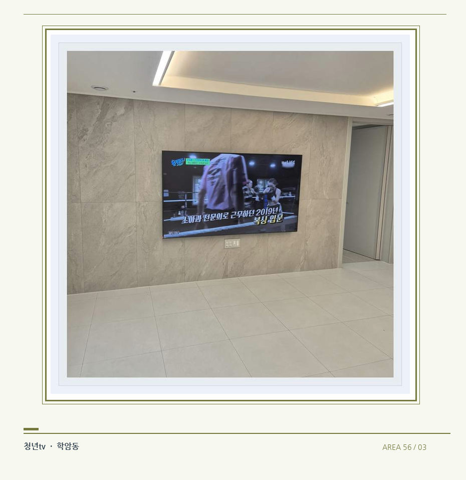 무늬가 있는 벽체 위 화면 배치 · 청년tv 벽걸이TV 공간 참고 사진 56-3